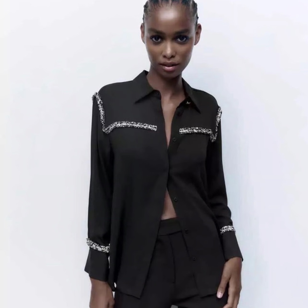 Zara Black Button Down Shirt with Embellished Trim